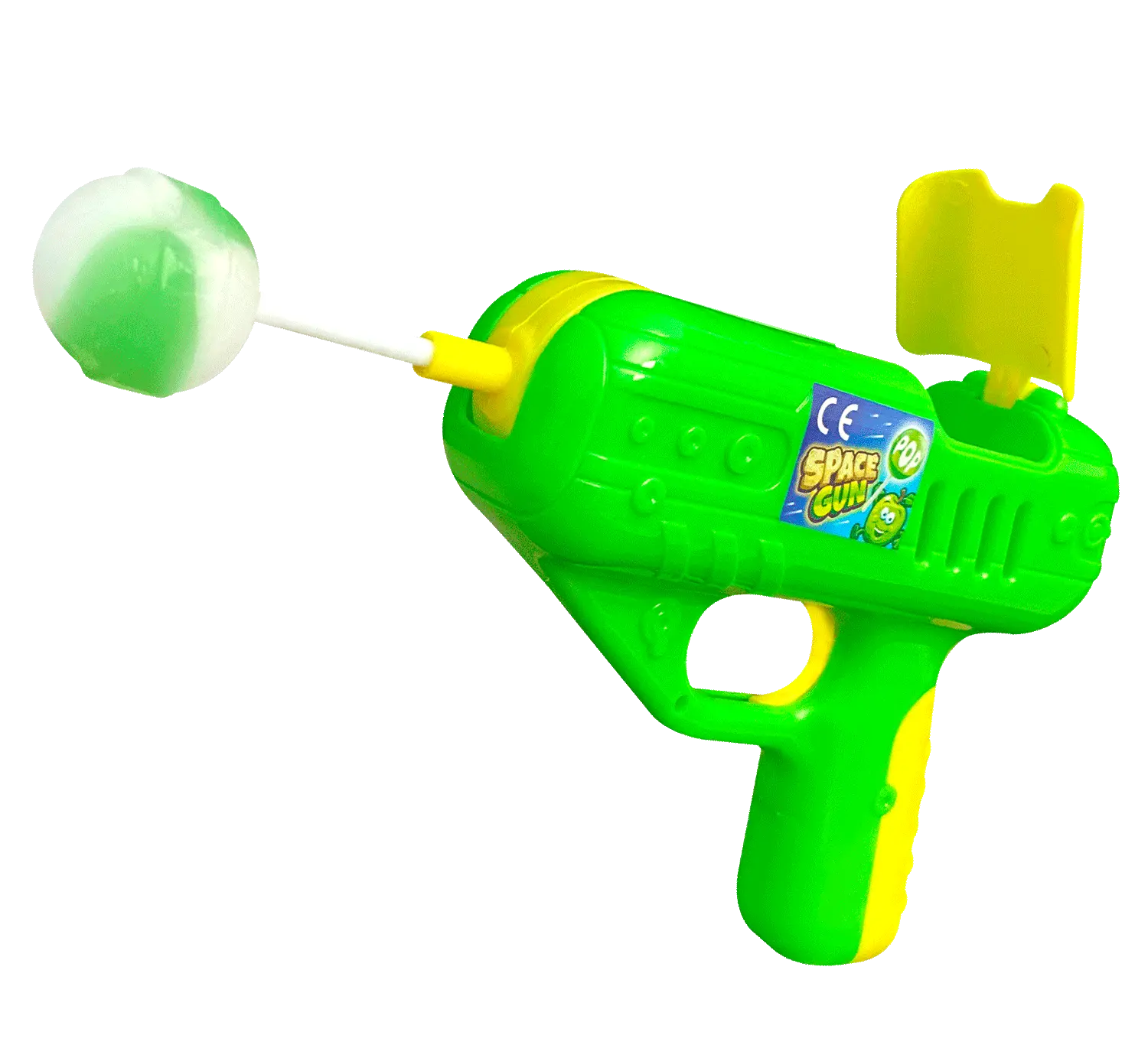Eine gr&uuml;ne Wasserpistole, aus deren Spitze blaue und gelbe Blasen geschossen werden.