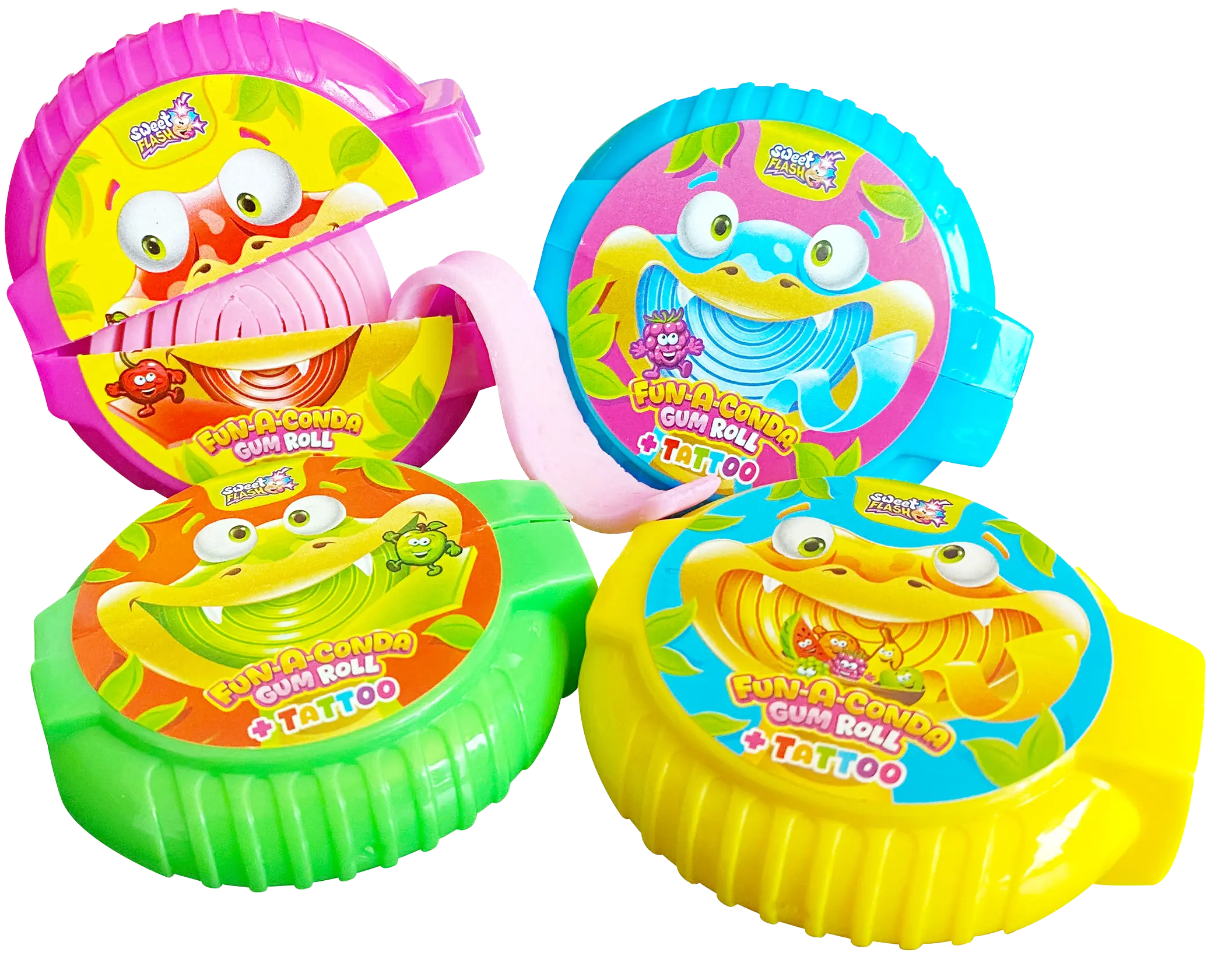 Bunte Verpackungen von "Fun-a-Conda Gum Roll" mit fr&ouml;hlichen Cartoon-Motiven und Kaugummi-Rolle in Pink, Blau, Gr&uuml;n und Gelb.