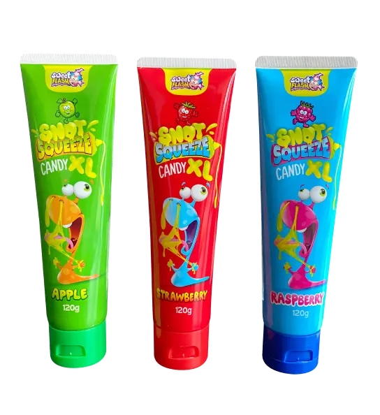 Drei Tuben mit Squeeze-Candy in den Geschmacksrichtungen Apfel, Erdbeere und Himbeere.