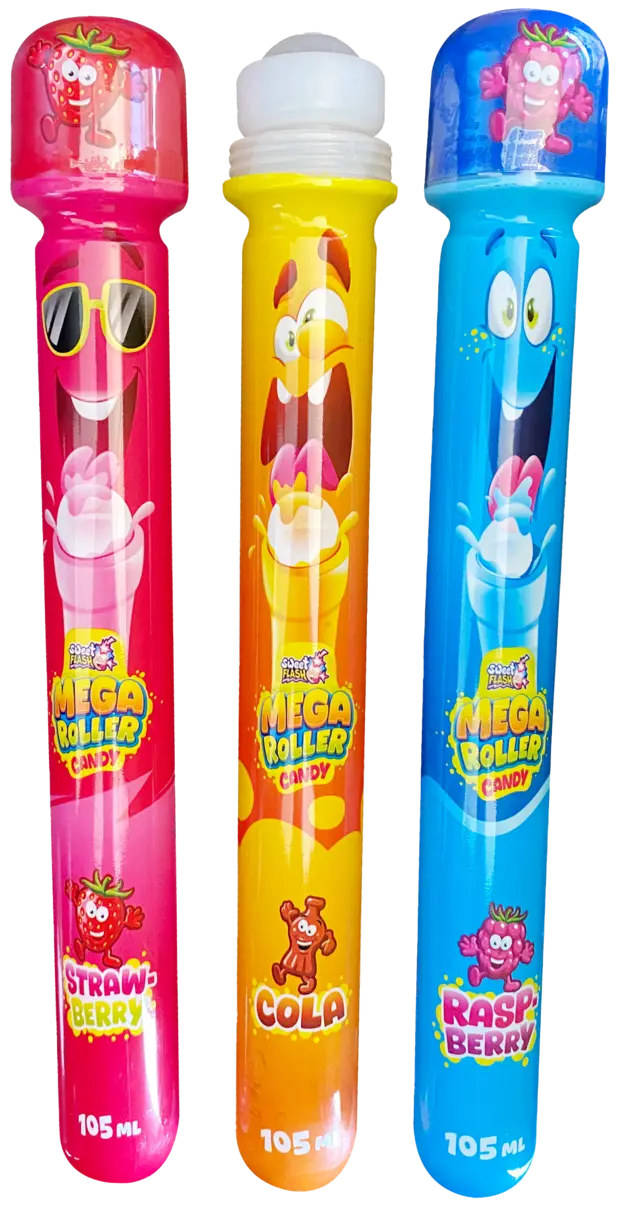 Drei farbige Candy-Roller mit verschiedenen Geschm&auml;ckern: Erdbeere, Cola und Himbeere. Jeder Roller hat eine lustige Cartoonfigur auf der Verpackung.