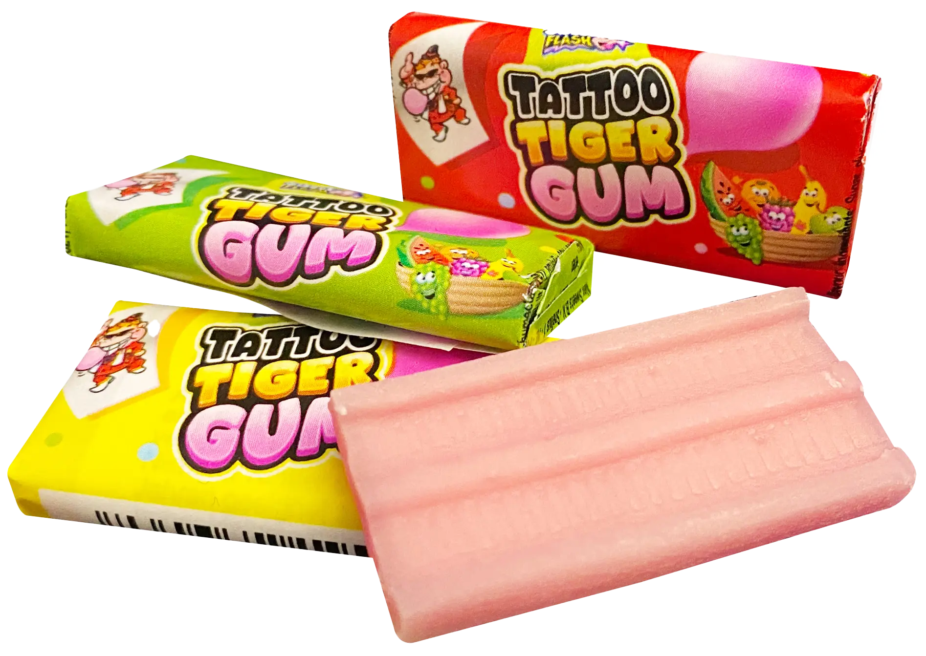 Tattoo Tiger Gum: Three packs of chewing gum in different flavours, a pink chewing gum disc and colourful designs.