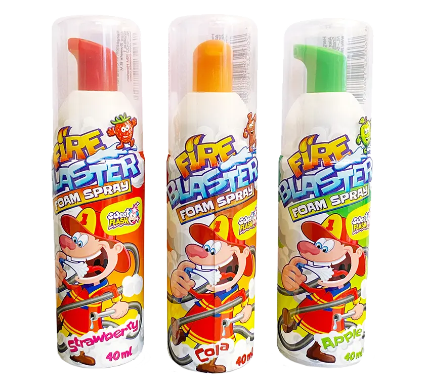 Three spray cans with foam, flavours: Strawberry, cola and apple, 40 ml each. Colourful packaging with cartoonish figures.