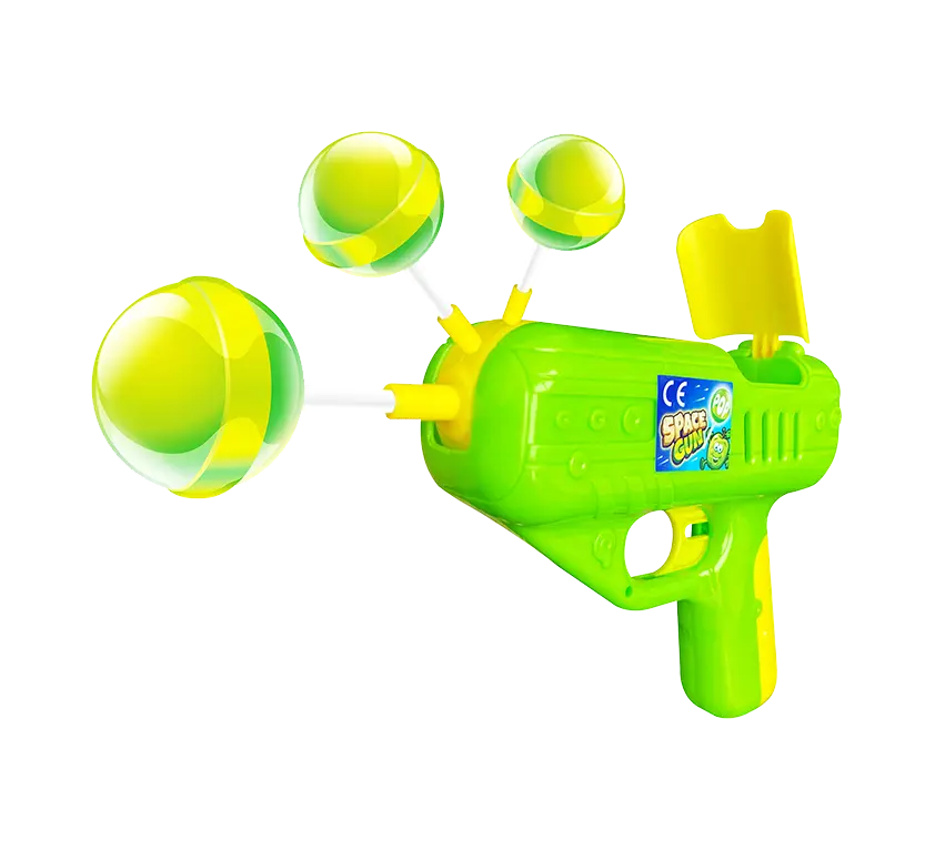 A green water pistol with blue and yellow bubbles that are shot out of the tip.