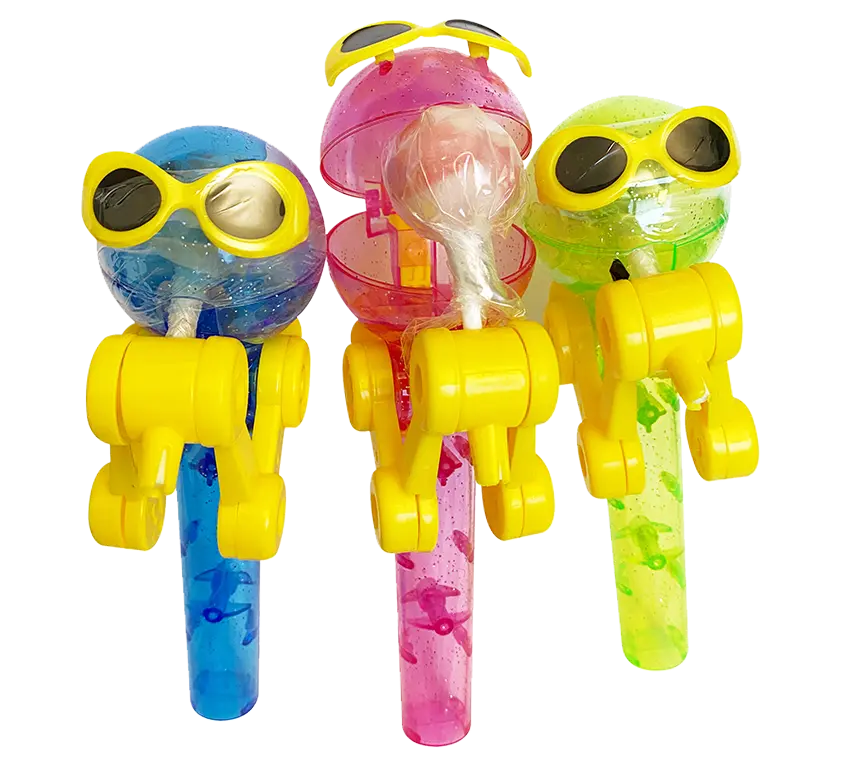 Three colourful lollipops in the shape of robots with yellow sunglasses, in blue, pink and green.