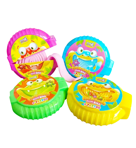 Colorful packaging of gum rolls in various colors with animal-themed designs and matching tattoos.