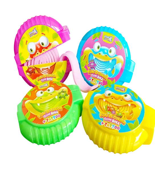 Barattoli di chewing gum colorati con personaggi cartoon; uno è aperto e mostra rotoli di chewing gum.